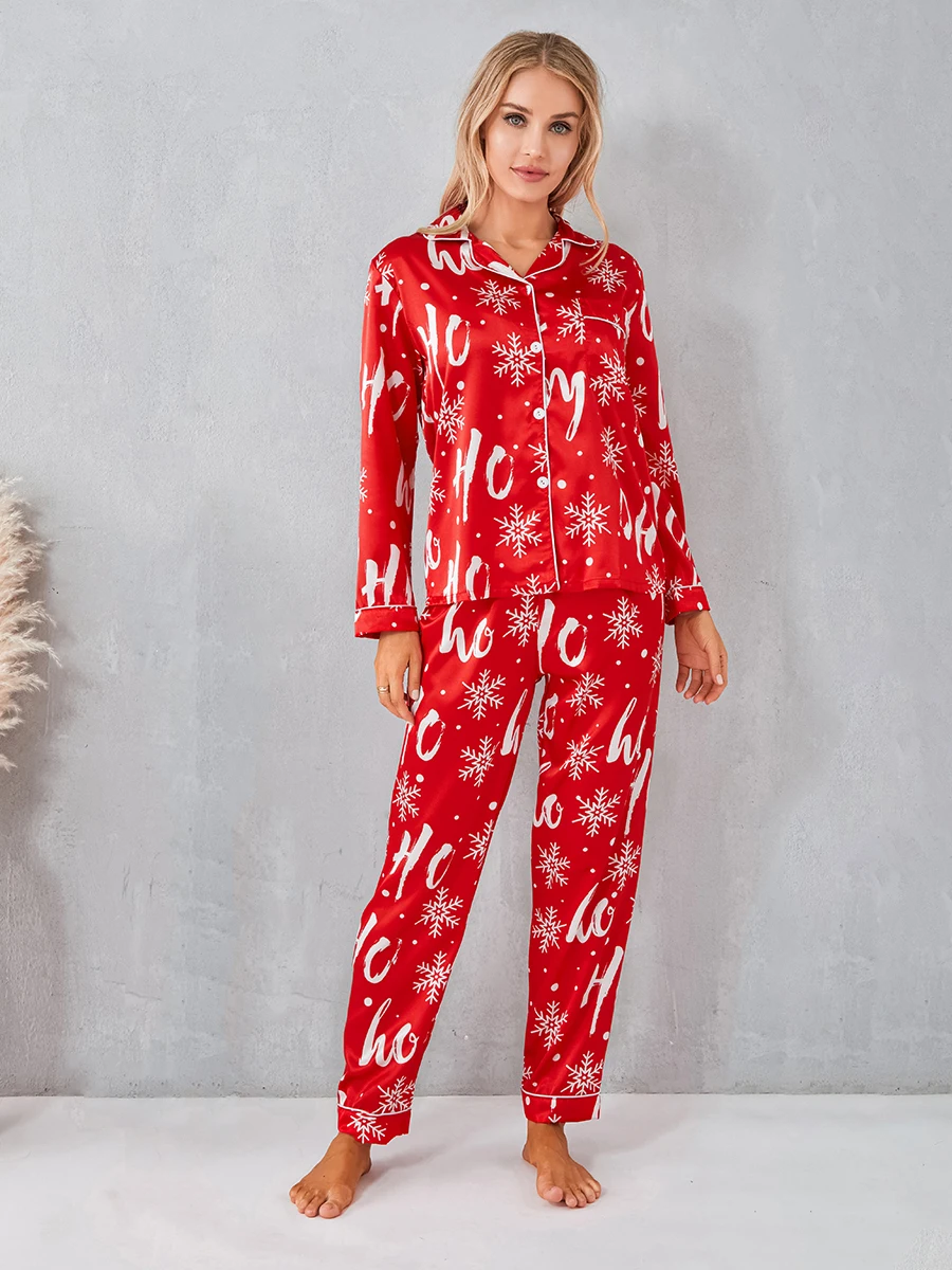 Women\'s 2 Piece Red Snowflake Christmas Pajama Set Christmas Long Sleeve Button Up Shirt + Pants Set Pajamas Lounge Wear