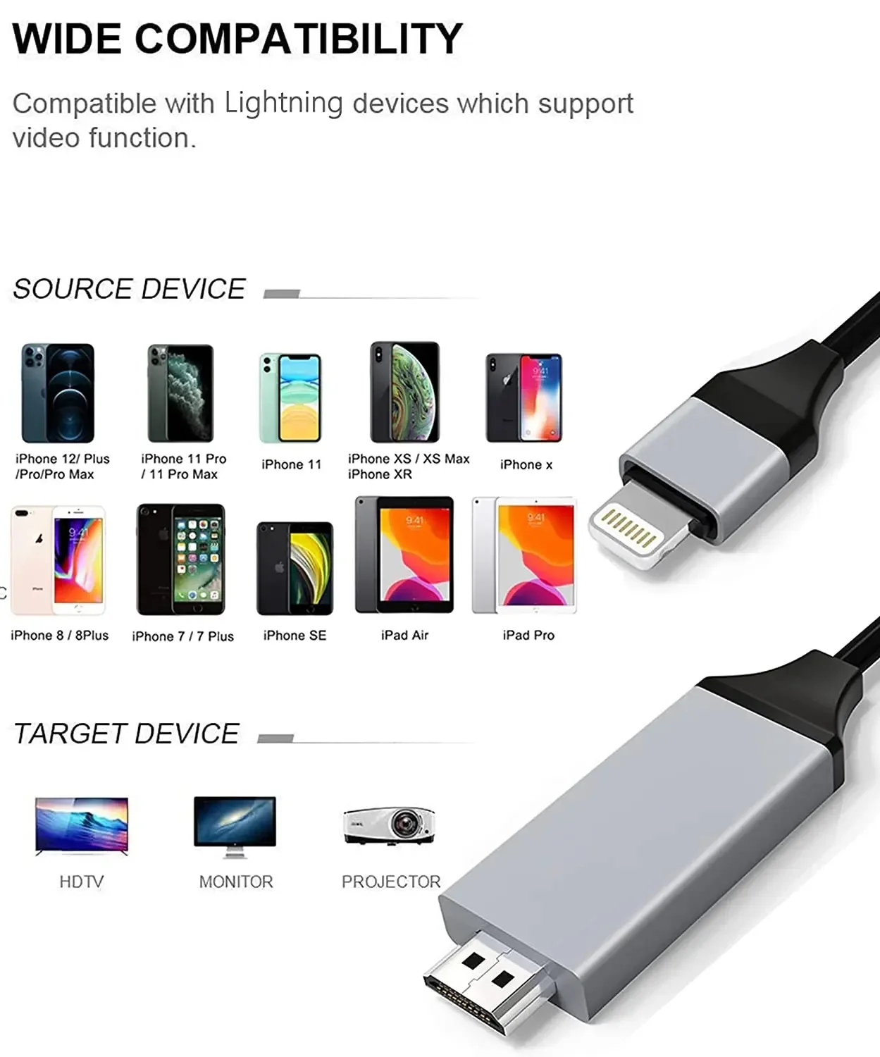 For iPhone to HDMI Digital TV Adapter Cable For iPhone 14 13 12 11 Pro XS iPad 1080P HDTV HDMI Cable Lighting Adapter Connector