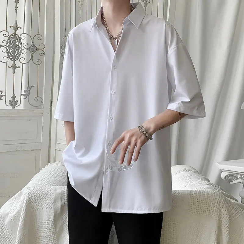 Summer Korean Fashion Drape Shirts for Men Short Sleeve Casual Comfortable Button Up Blouse White Black Gray