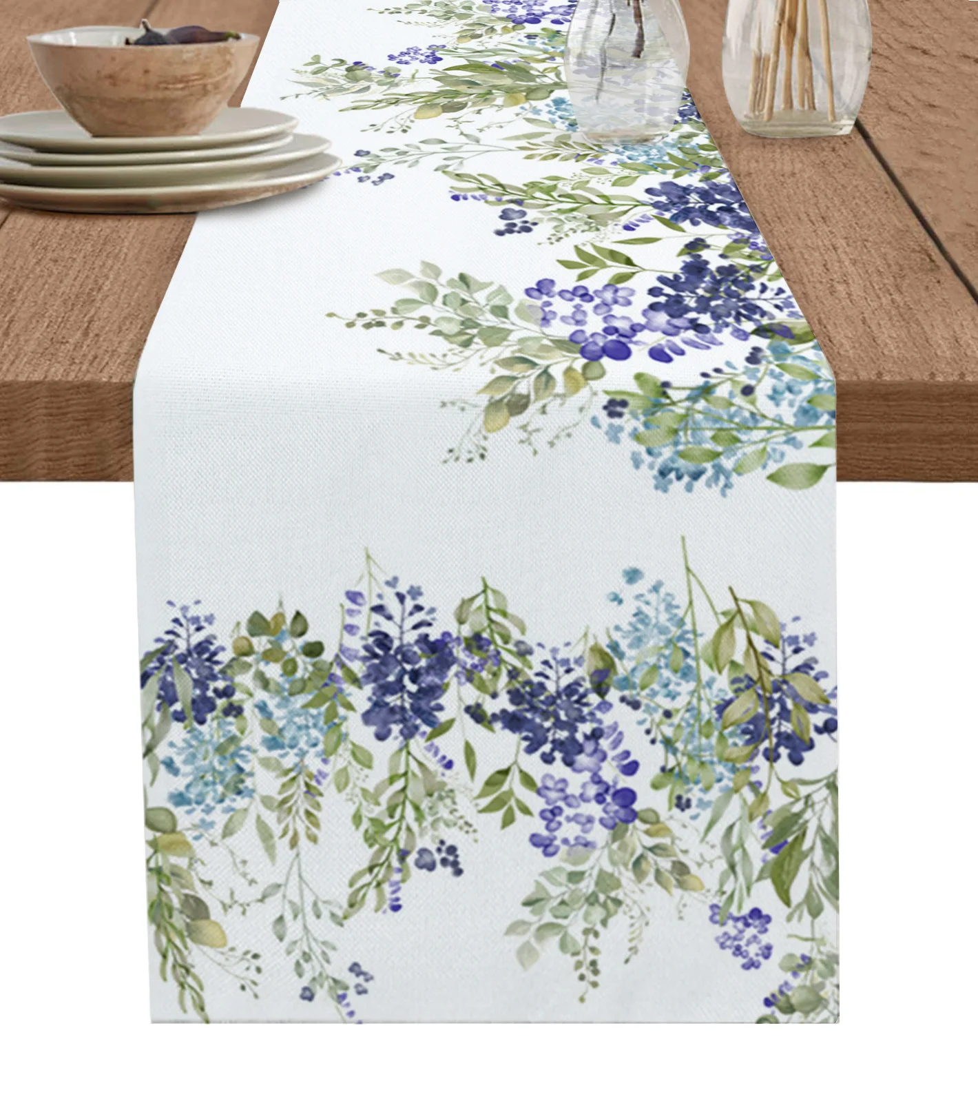 Watercolor Plant Wisteria Purple Green Table Runner Decoration Home Decor Dinner Table Decoration Table Runners Tassel