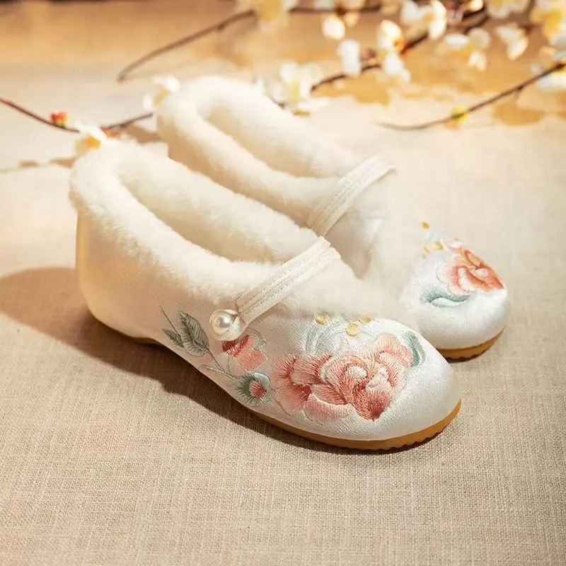 2024 Winter Women's Chinese Traditional Flat Sole Embroidered Cotton Shoes Soft Sole Shallow Slip On Plush Warm Retro Shoes