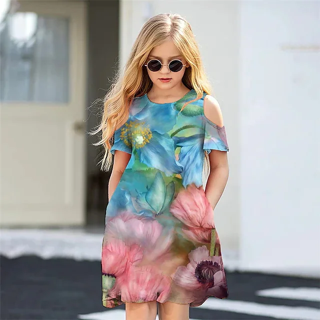 Children's Clothing Flower Off Shoulder  Round Neck Fashion Dress Short Sleeve