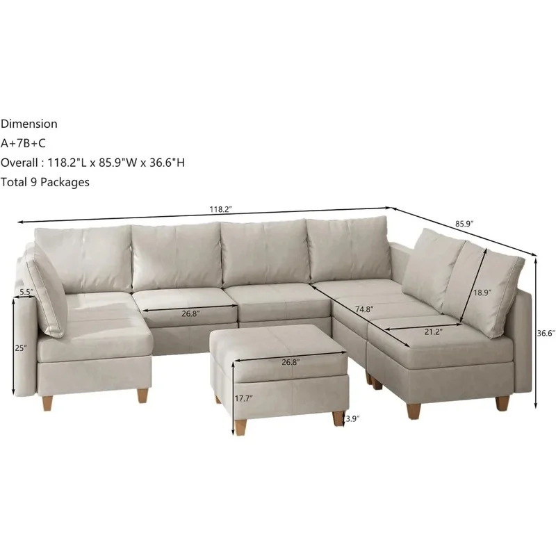 U-shaped Modular Sofa with Storage, Faux Leather Large Sectional Sofa for Modern Living Room