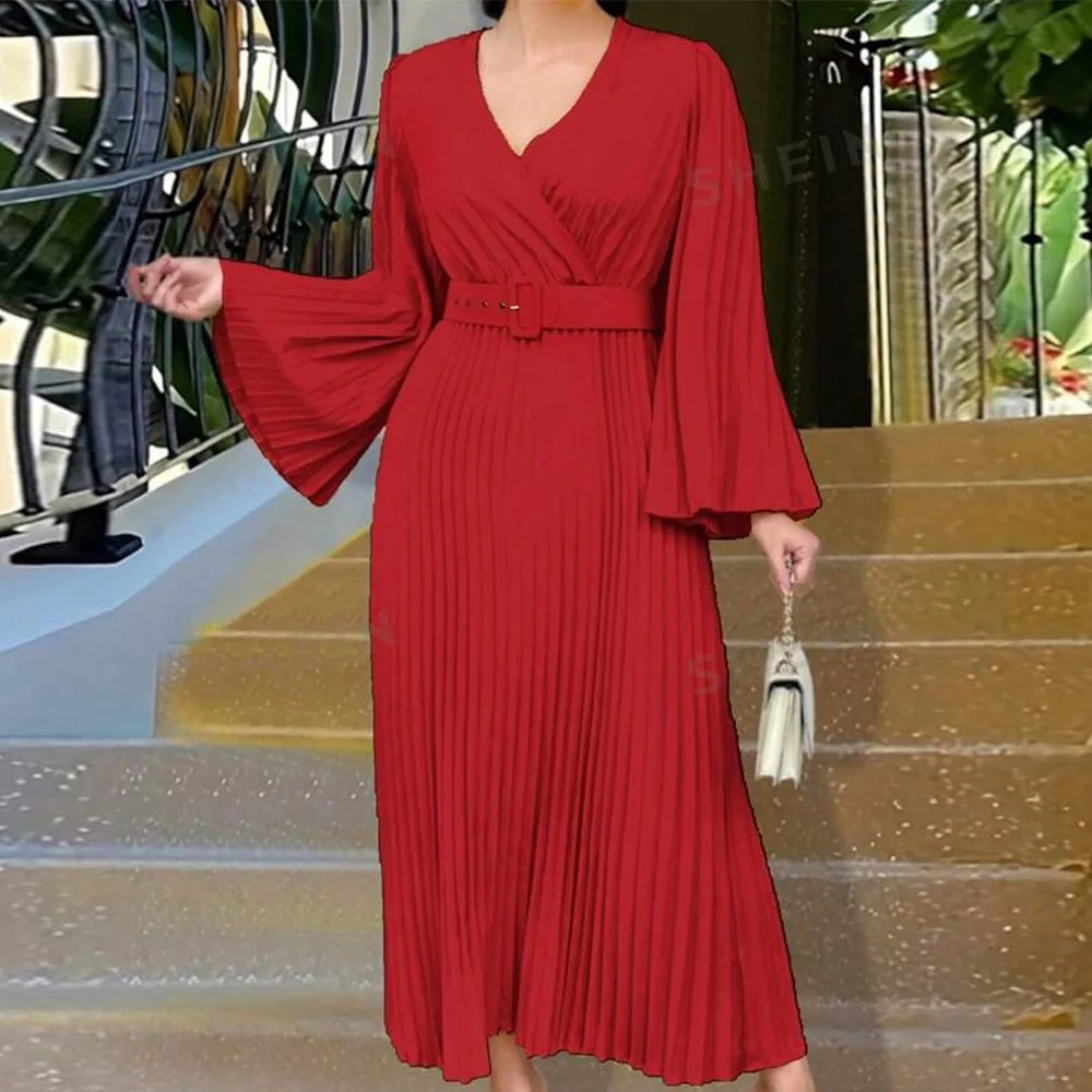 

customized Fashion and High Quality Straight V-Neck Long Sleeves Evening Dress Flare sleeves Ankle Length Party Gowns Saudi Arab