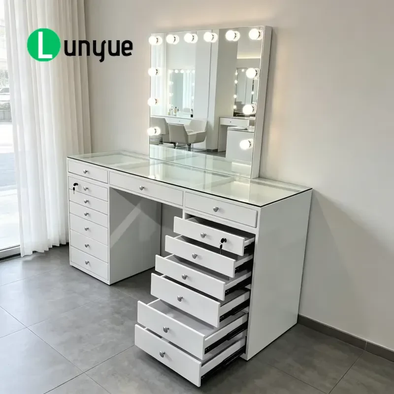Modern White Makeup Vanity Table with LED Mirror Stainless Steel Top Eco Friendly Large Drawer Hair Beauty Station