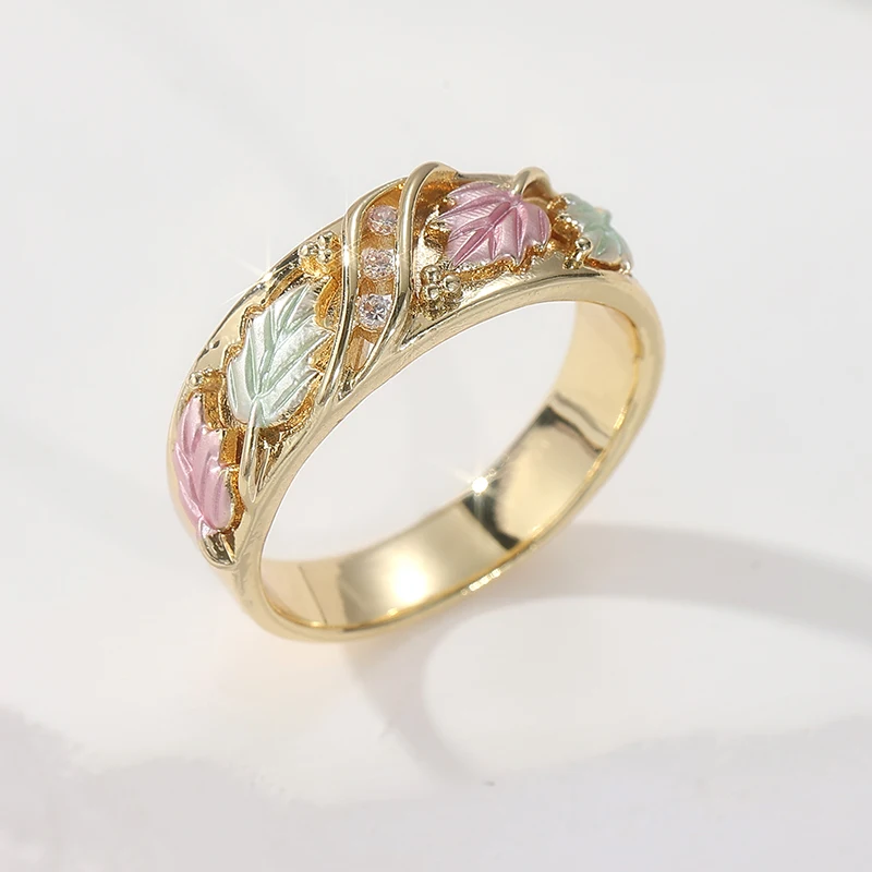 Damen Vintage Luxus Vergoldeter Ring mit Gestapelter Optik und Künstlichem Zirkon-Blattmuster, Modischer Schmuckring als Geschenk