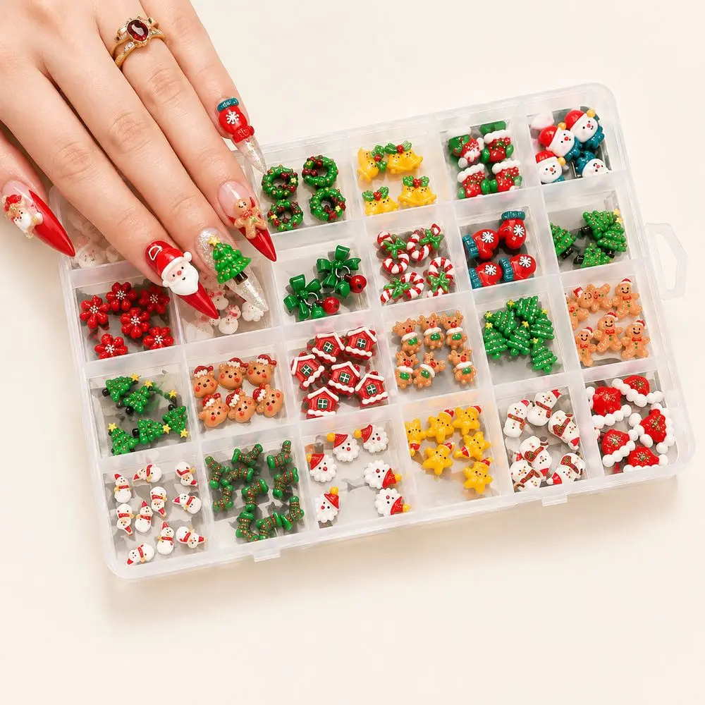 Christmas Mixed Resin Nail Charms 24 Grid Kit Santa Claus Snowman Gingerbread Man Tree Decor For Winter Festival Manicure Decor