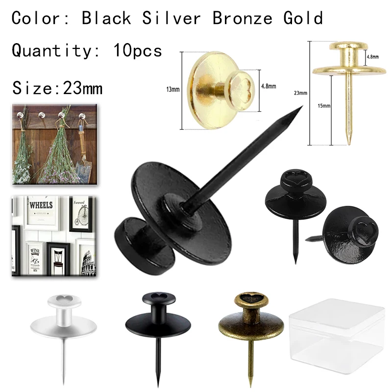 10Pcs Double Head Push Pin Hooks, Photo Frame Wall Hangers for Drywall Soft Wood, Home Office Decor Picture Hanging Kit with Box