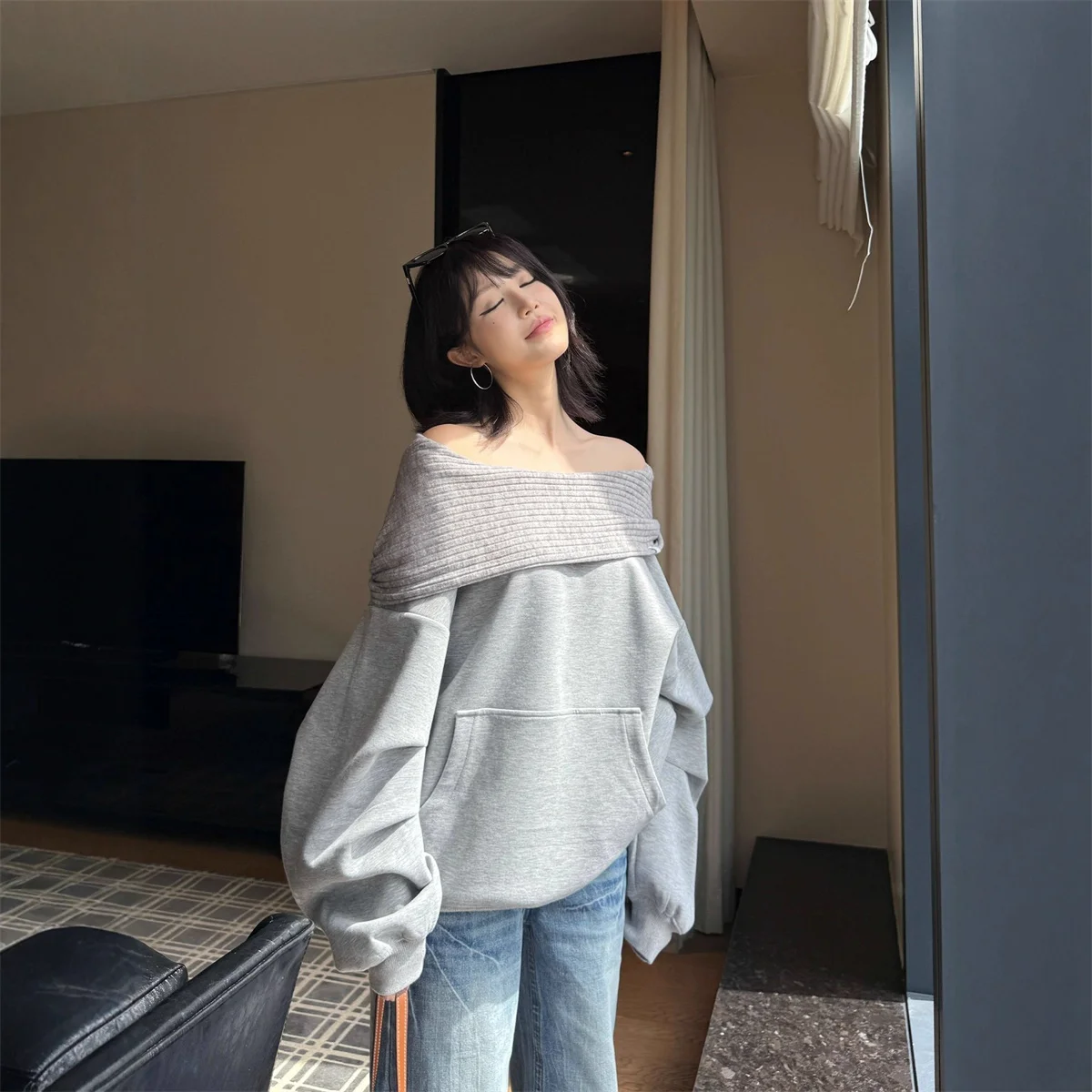 

Autumn Latest Fashion Grey Off Shoulder Hoodie Long Sleeve Slim Pullover Top Casual Versatile Party Club Street Style Clothes