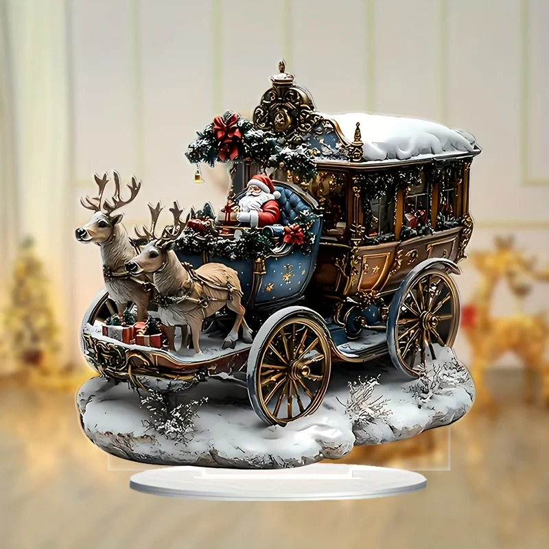 1Pc Acrylic Christmas Scene Tabletop Decor - Versatile Santa Sleigh With Reindeer Ornament For Home, Office, And Outdoor Holiday