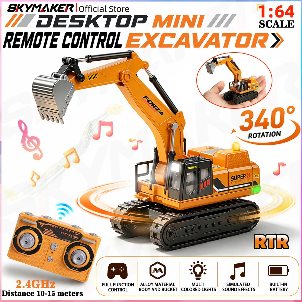 WLtoys 6402 1/64 Mini RC Alloy Excavator Full-scale Remote  Control 340° Rotatable With Sound LED Light Desktop Engineering Toys