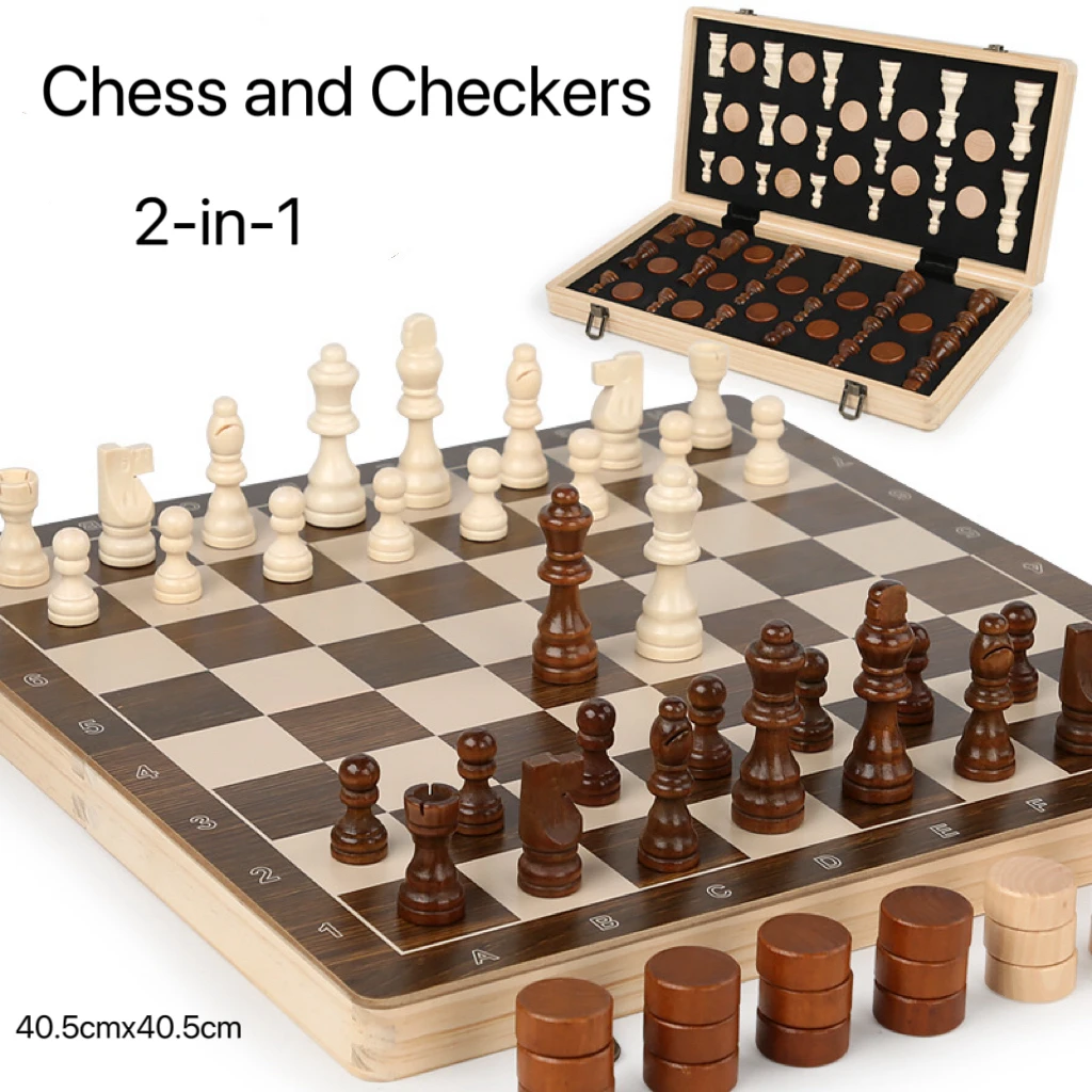 

2-in-1 Solid Wood Chess Set Foldable Board Game Checkers Chess Portable Table Board Game