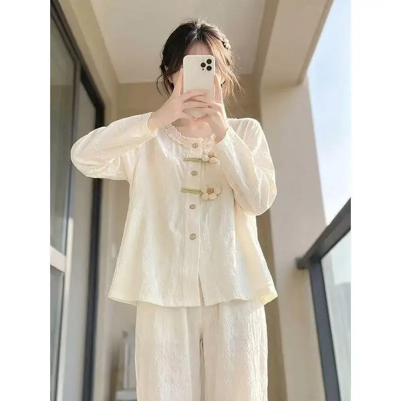 Women's Spring Autumn New Long Sleeve Long Pants Home Clothe Set Student Cute Style Small Flower Pajama Women Soft Two Piece Set