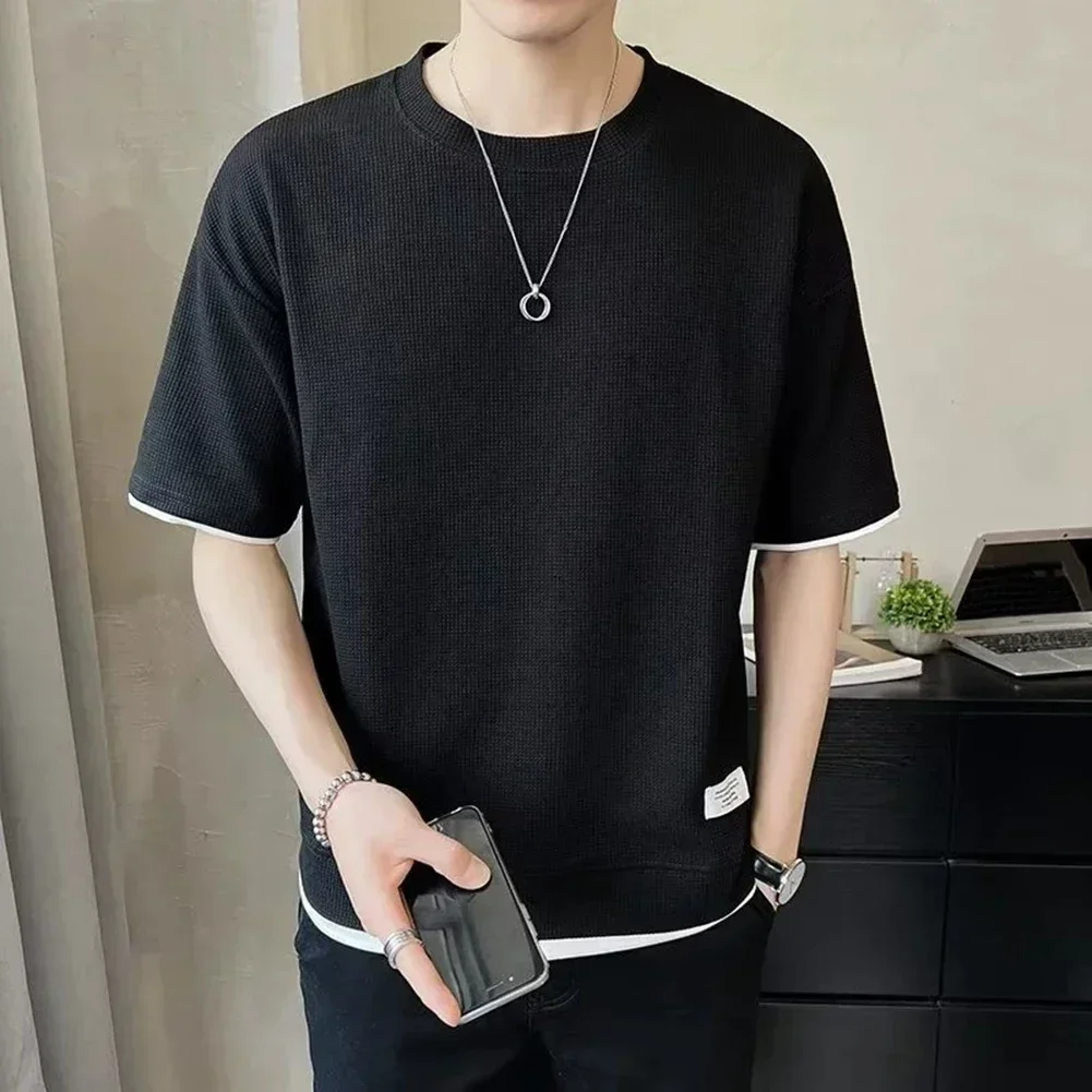 

4XL Mens Summer T-Shirts Fashionable Short Sleeve Shirt Loose Fit Fake 2PCS Shirts O Neck Design Regular Length Top