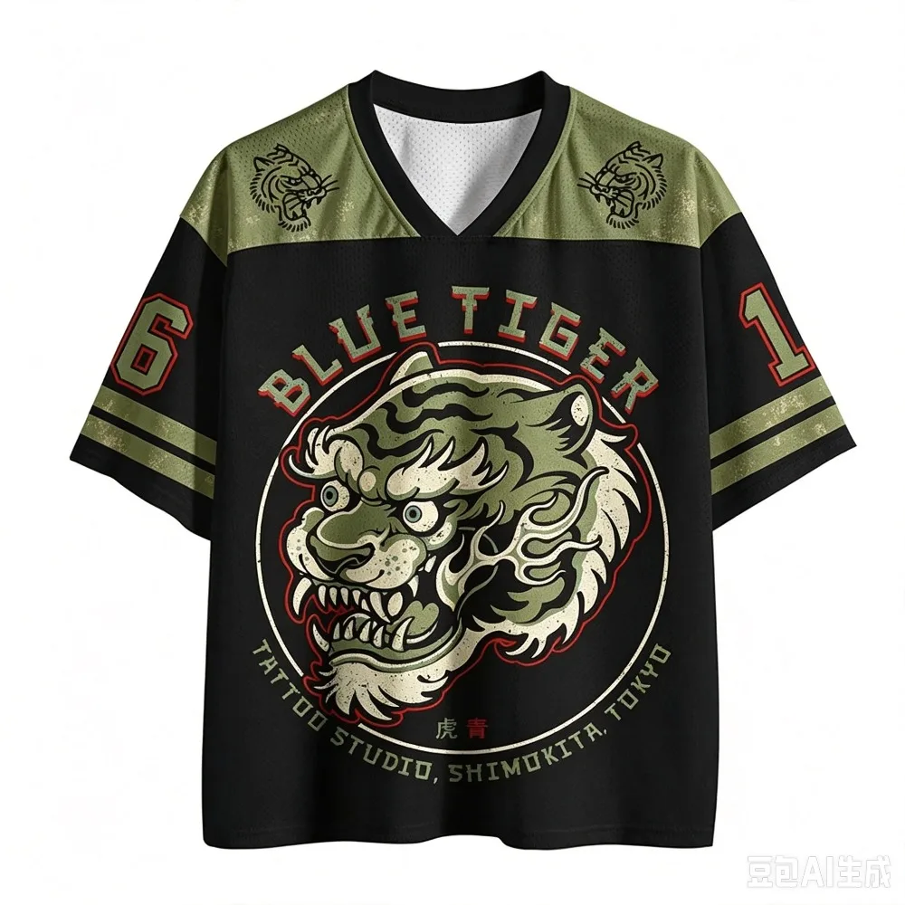 Japanischer Blauer Tiger-Print 3D-Druck Schnelltrocknendes Sport-T-Shirt für Männer und Frauen mit V-Ausschnitt, Modisches Streetwear Y2K Eltern-Kind-Kleidung – Detail 5