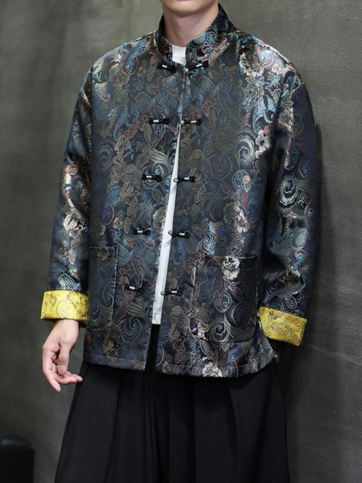 

Ele Silver Tead Satin Men's Jaet New Chinese Sle Zhongan Coat Autumn Winter Outerwear Floral Embroidery Youth Fas...