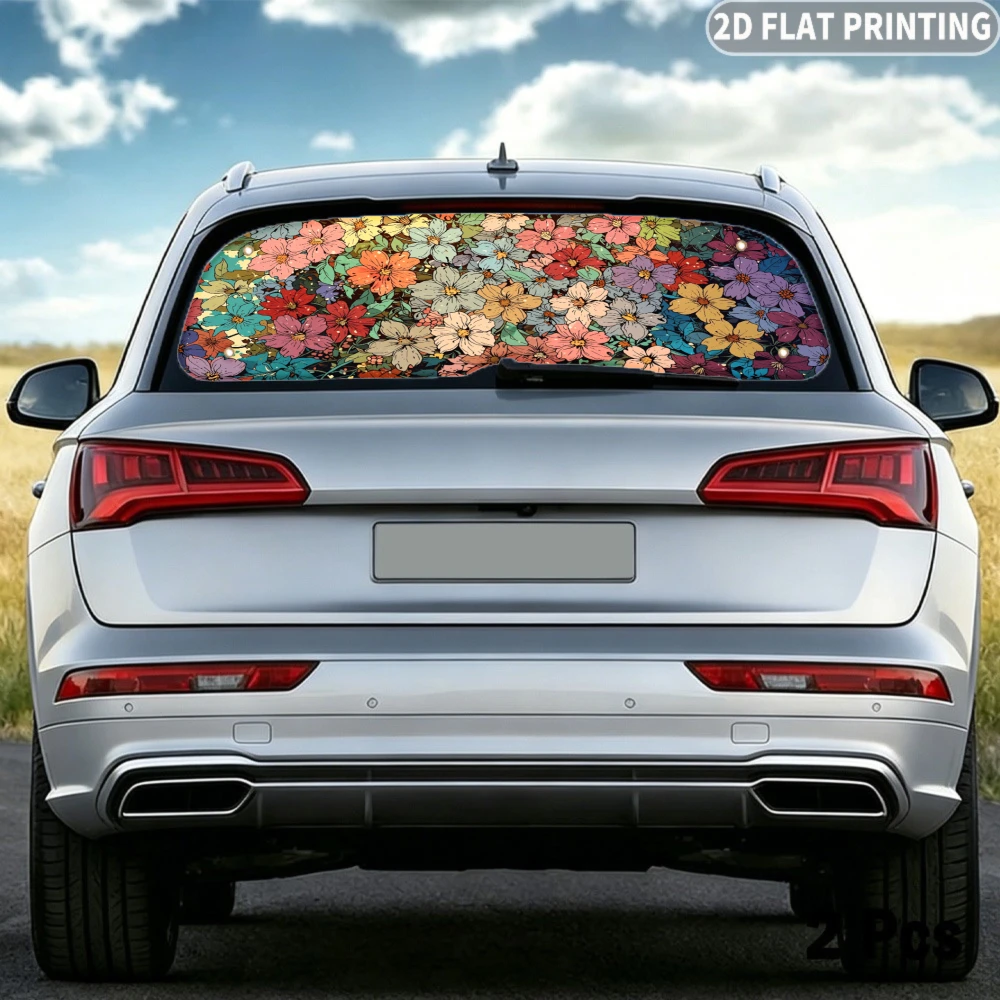 2D FLAT Printing 1pc Car Rear Window Sunshade Colorful Floral Pattern, 4 Suction Cups,  Block Sunlight for 4 Seasons