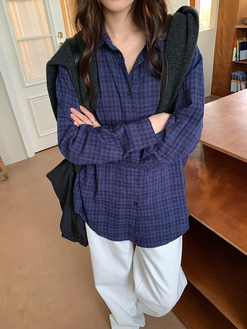 

Осенне-зимняя женская повседневная свободная рубашка с клетчатым воротником и длинными рукавами