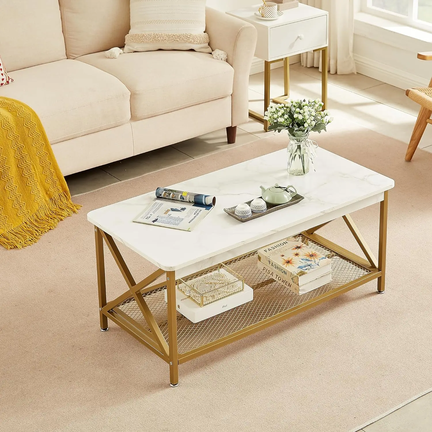 Rectangular Living Room Coffee Table with Storage Shelf, Minimalist Style, Easy to Assemble Bedroom Decorative Table