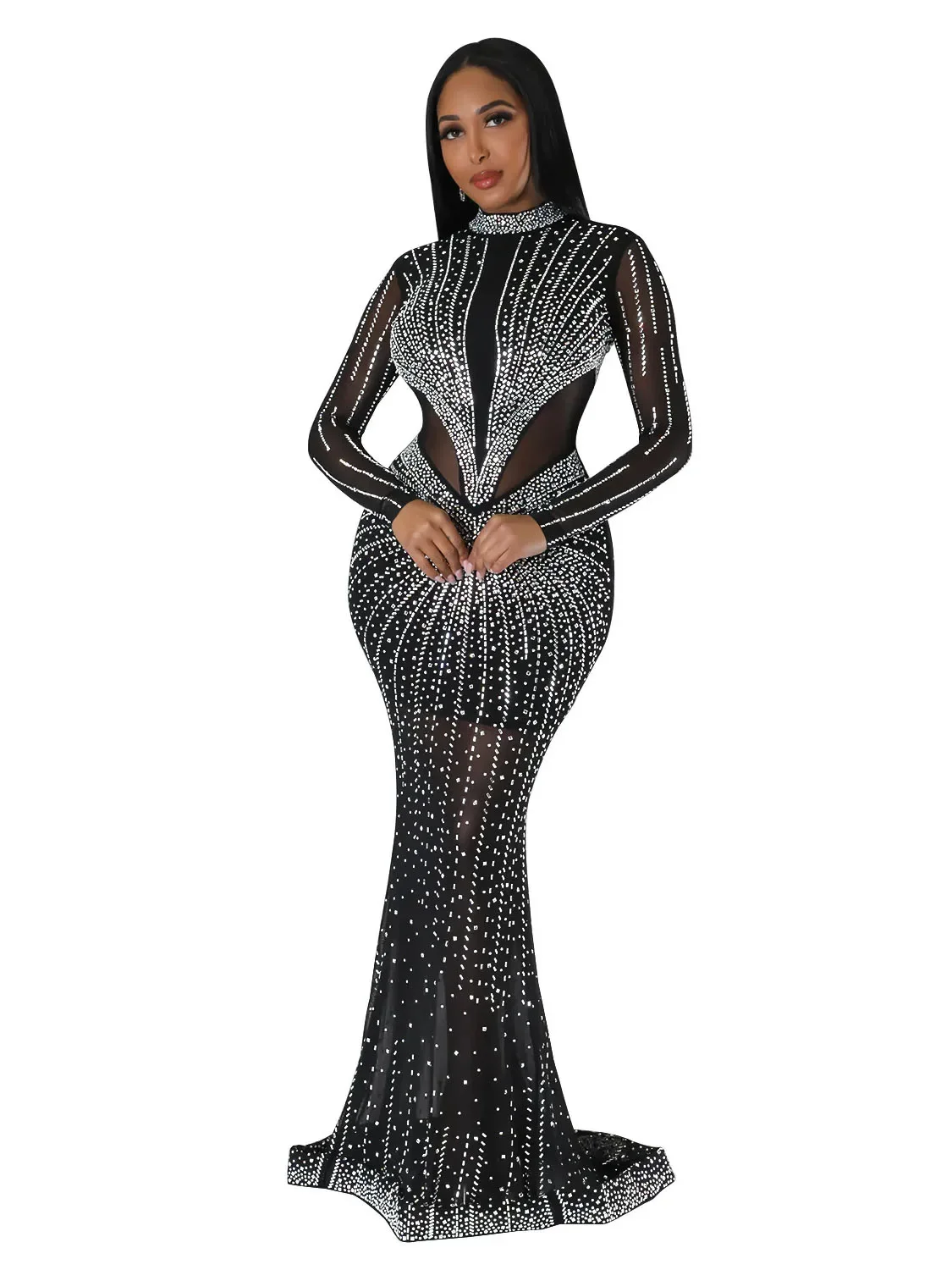 

Szkzk Mesh Sheer Rhinestones Prom Bodycon Long Dresses Woment Birthday Party Night Clubwear Elegant Evening Diamond Maxi Dresses