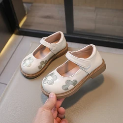 2024 Spring Autumn New Girls PU Leather Shoes Little Kids Fashion Princess Flats Korean Embroidered Flower Leisure Baby Footwear