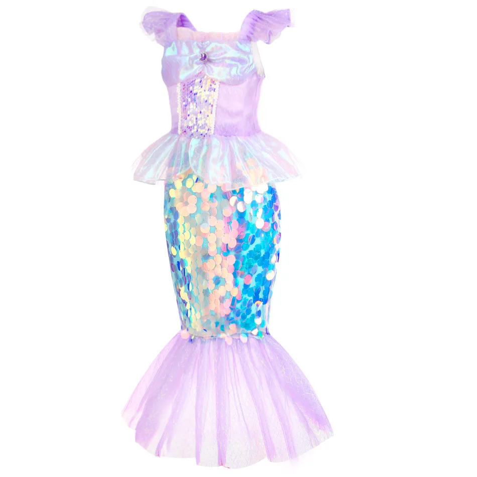 Little Mermaid Ariel Princess Costume Kids Sequined Ruffle Purple Dress For Girls Cosplay Children Carnival Birthday Party Dress