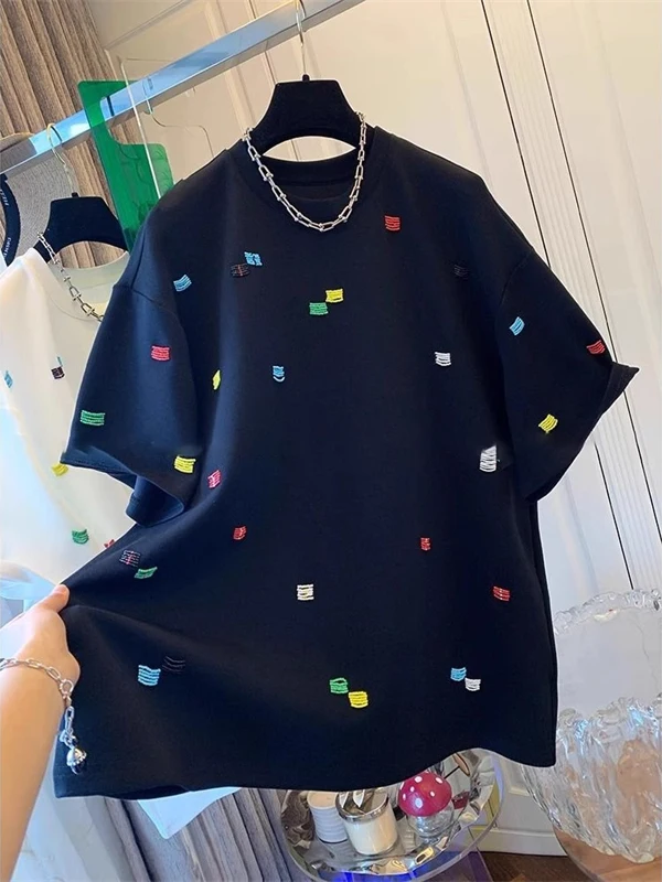 

Женская футболка с коротким рукавом в корейском стиле, весна-лето, с изящной вышивкой, в стиле колор-блок, универсальная, легко сочетается