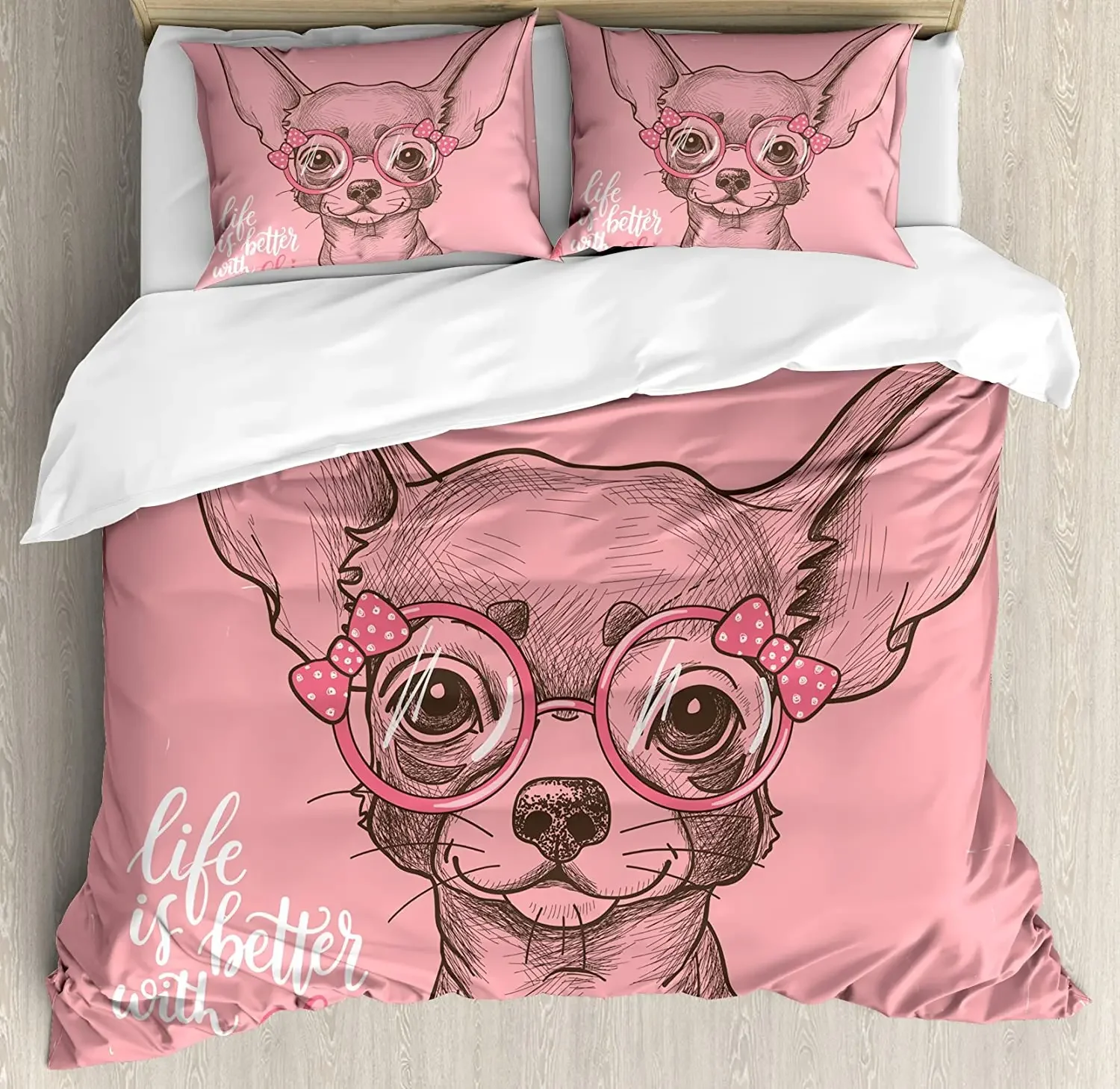 Cute Chihuahua Dog Duvet Cover Set,Girl Chihuahua Fashion Glasses Ribbons Puppy,Bedding Sets Twin Single King Size,Pale Pink