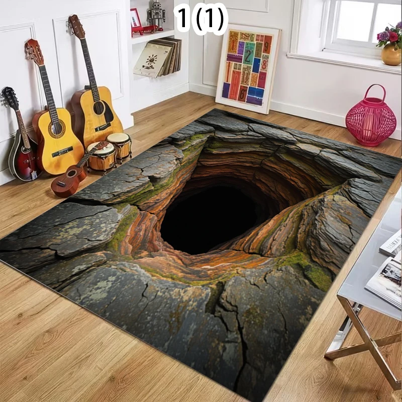 2D Visual Illusion Rectangular Carpet Realistic Hole Abyss Floor Mat Creative Decorative Rug for Living Room Bedroom Home Decor