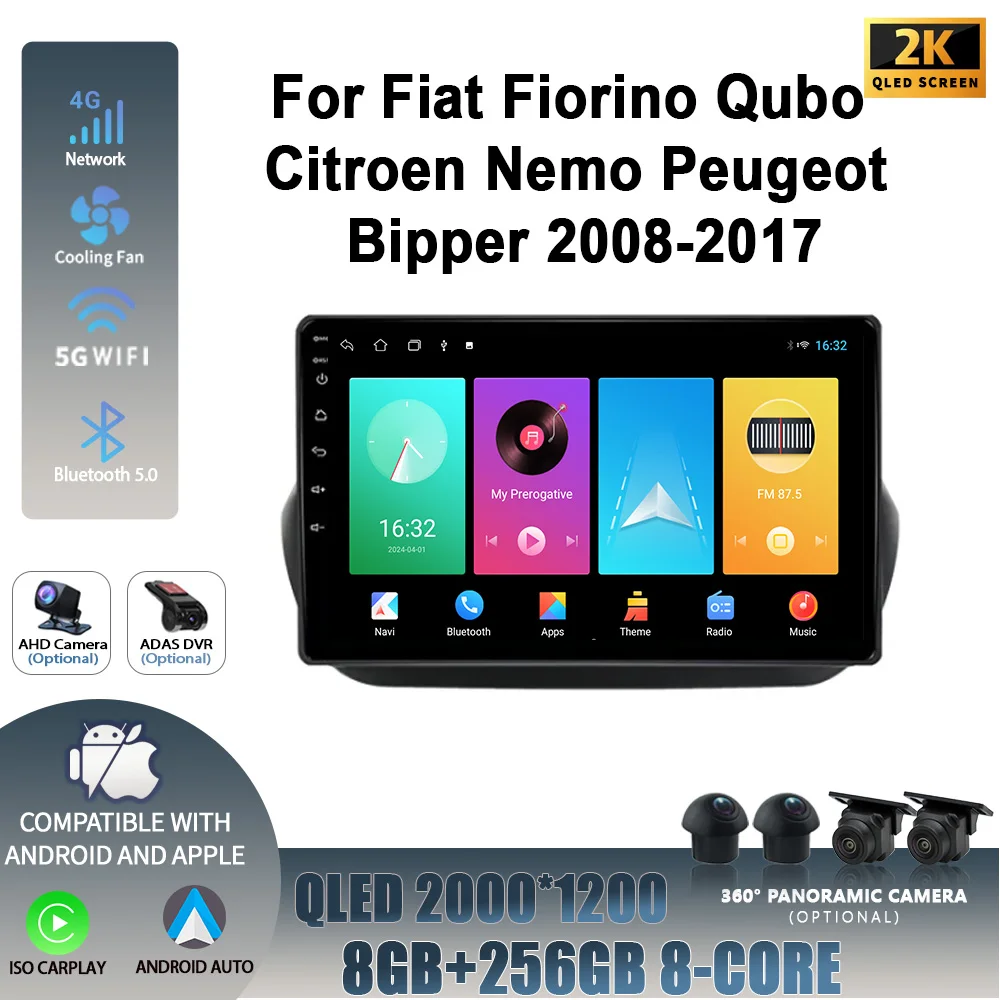 Wireless Carplay Car Radio Multimedia Navigation Player Android 14 For Fiat Fiorino Qubo Citroen Nemo Peugeot Bipper 2008-2017