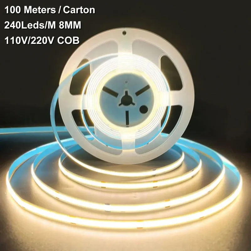 

100 Meters/carton 110V 220V 8mm Cob Led Strip IP22 No Flicker Self-adhesive Bare Board Ra80 Free Cut Flexible Led Strip Light