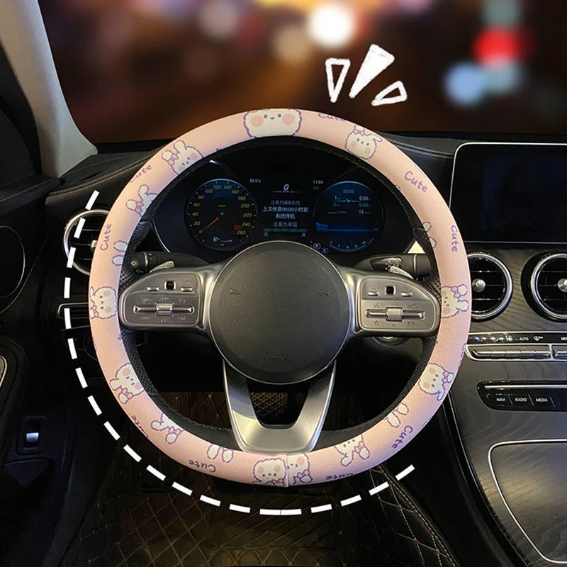 Universal Car Steering Wheel Cover Cartoon Cute Bear Rabbit Ice Silk Breathable Soft Touch Automobile Steering Covers