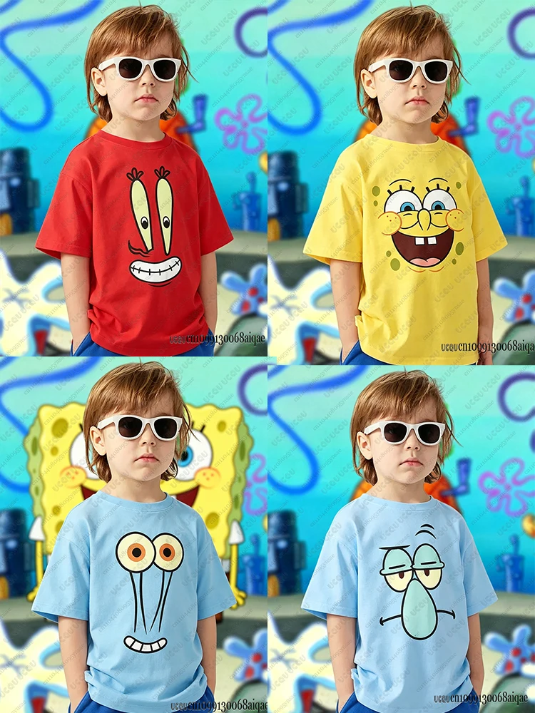 

Cartoon SpongeBob Pattern T-shirts For Adult/Kids Summer Round Neck Cotton Tshirts Cosplay Clothing Boys Girls Cute Tees