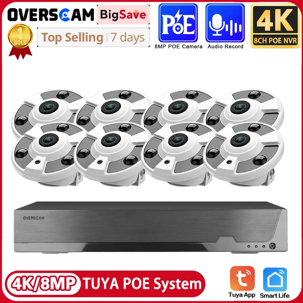 8CH POE NVR Smart Life Home Fisheye 8MP POE Outdoor Video POE Camera,4K Human Detect,8MP Security CCTV Camera TUYA NVR System