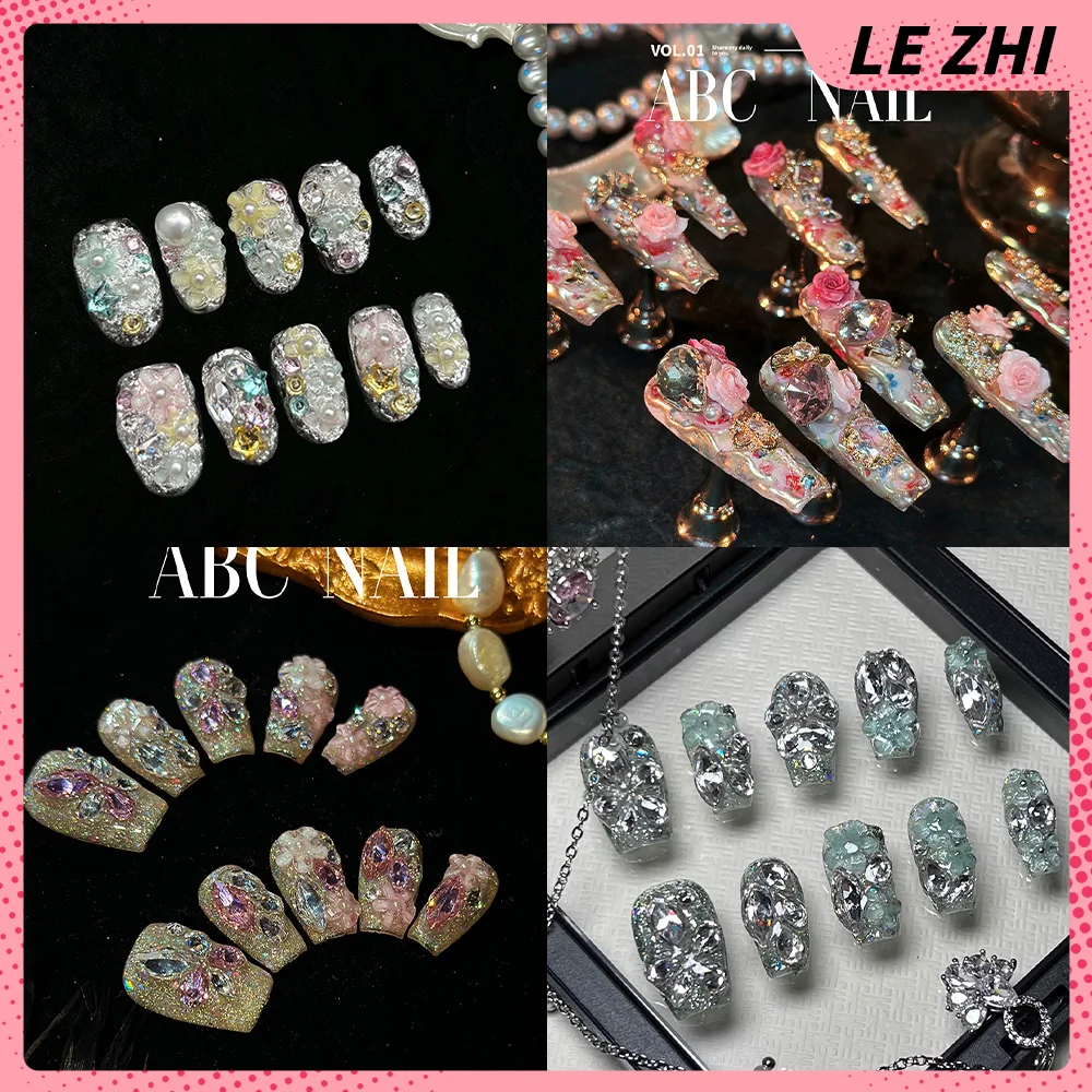 

Bright Shining Diamond Pearl Trapezoid Fake Nail Pink Rose Gemstone Bowknot Flower Glitter Crystal Clear Nail Art Birthday Gift