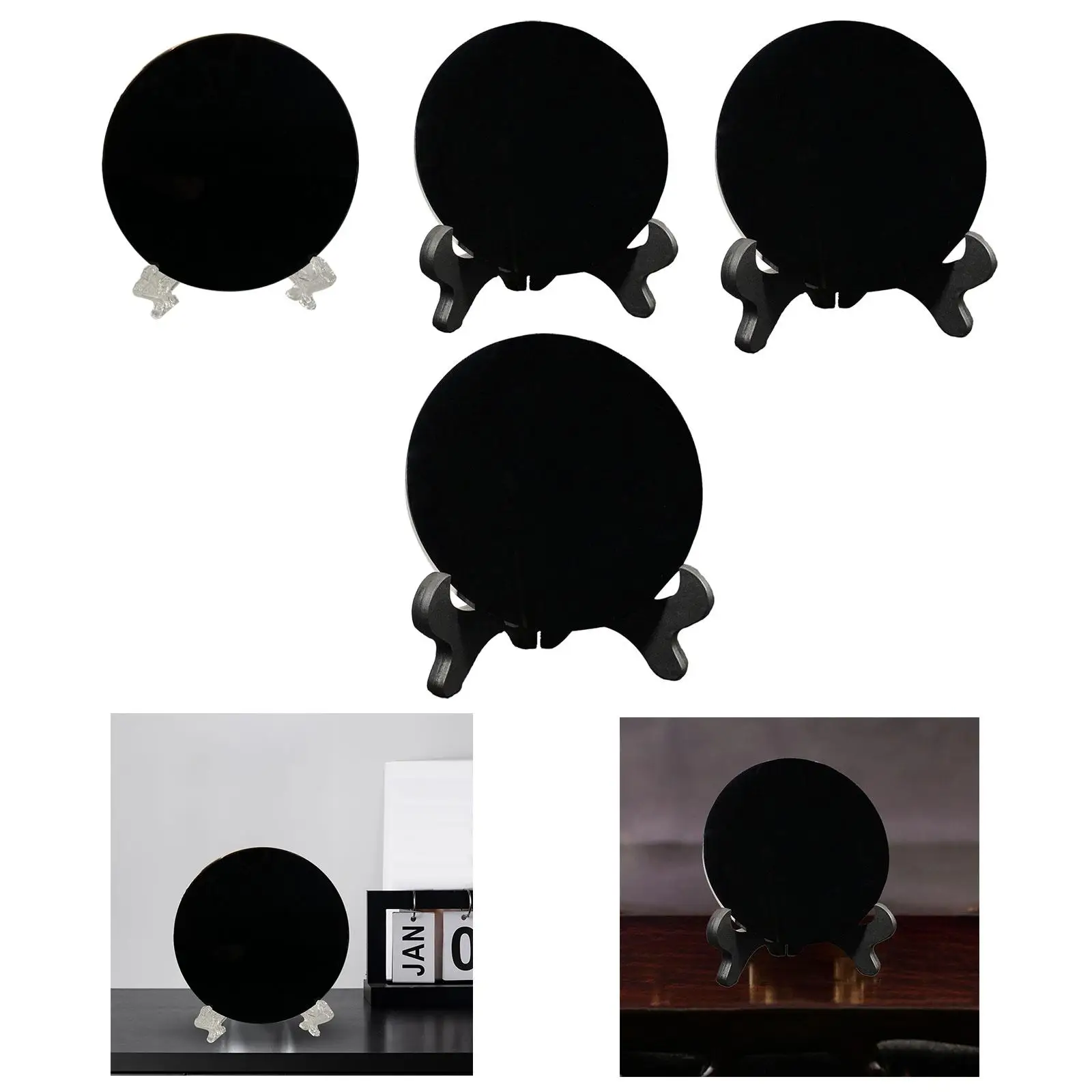 Obsidian Stone Disc Pocket Scrying Mirror with Stand, Round Mirror, Flat Disk,