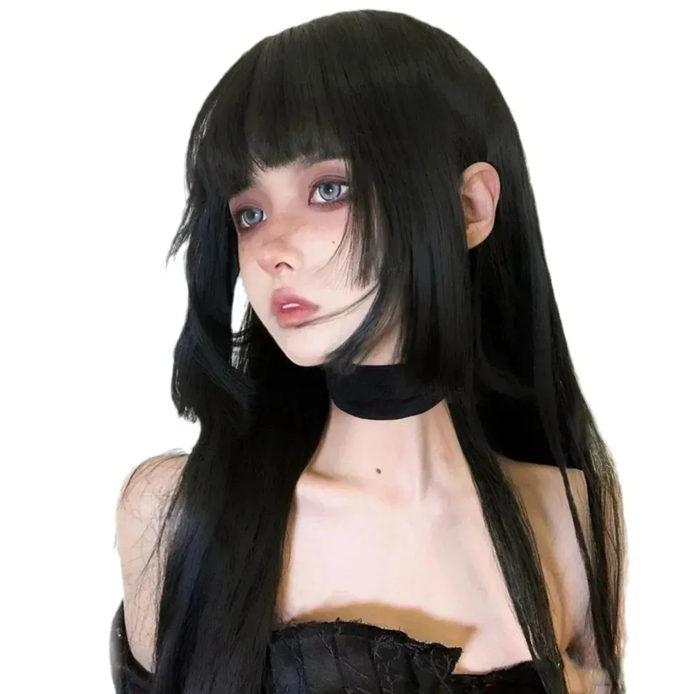المرأة شعر طويل الألياف الزجاجية شعر مستعار التغطية الكاملة الأميرة قص النمط الياباني مستقيم الأسود الدانتيل الجبهة الباروكات لوليتا سكينين 2026 #5