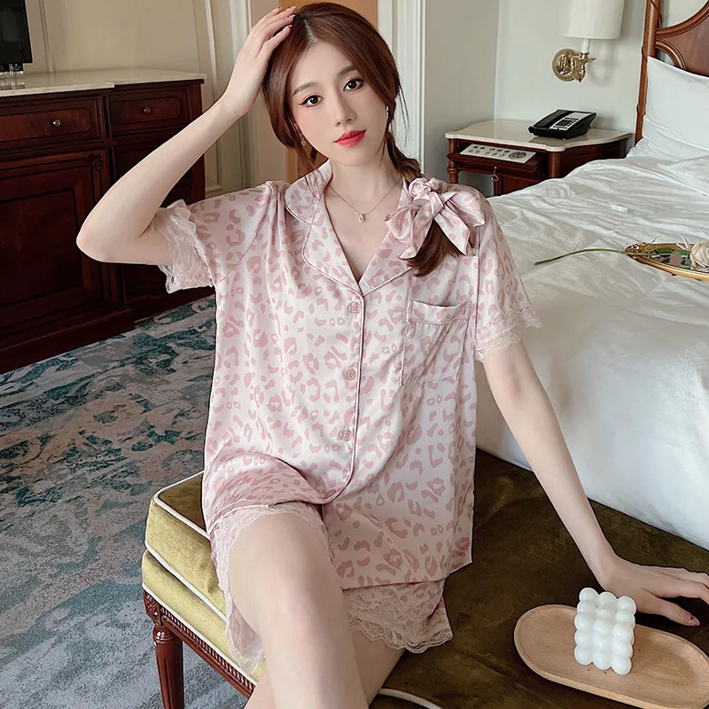 Pink Leopard Print Ice Silk Pajamas for Women Lace Sexy Home Clothes Short Sleeve Women\'s Pajamas Set Trousers Suit Nightwear