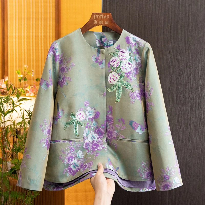 New Chinese-Style Silk Wool Coat for Women, 2026 Autumn New Retro Embroidered National Style Loose-Fitting Elegant Tang Suit Top