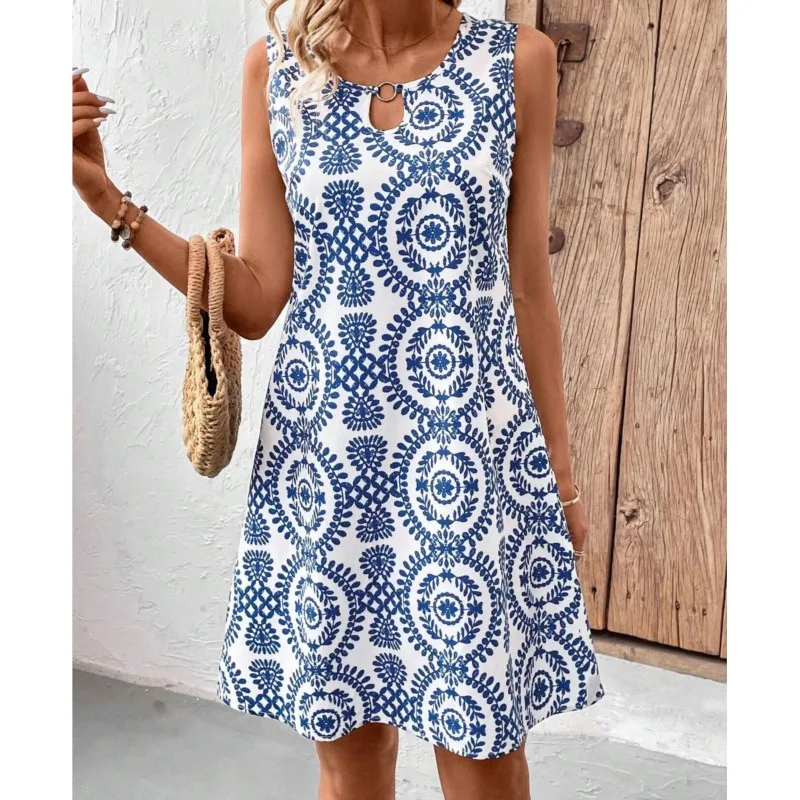 Dresses Summer 2024 Woman\'s Hollow Out O-neck Sleeveless New Floral Printing Slim Mini Vestidos Casual Elegant Ladies Streetwear