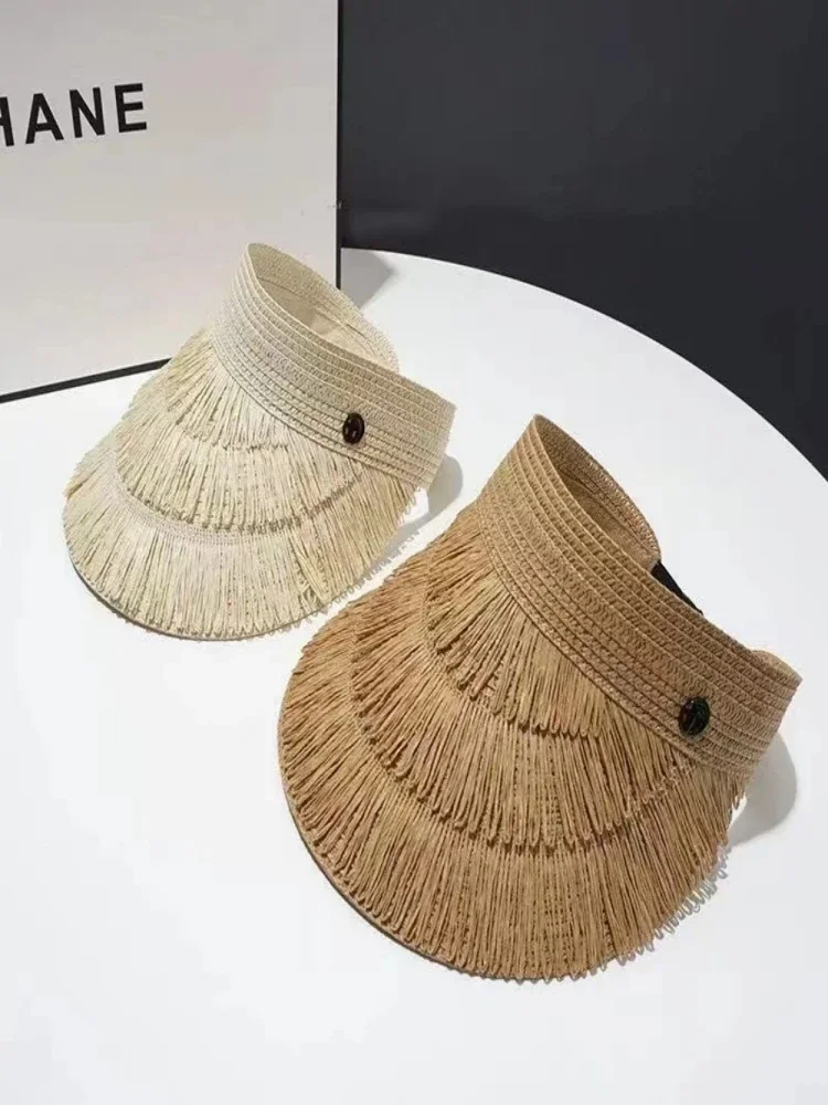 Spring Summer New Fashion Visor Lafi straw hat Female Tassels Design Empty Top Outdoor Women Beach sunscreen sun hat