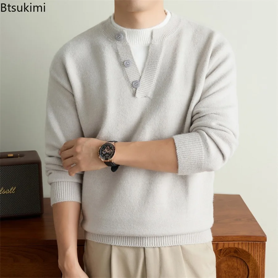New Men's False Two-piece Thickened Sweaters Autumn Winter Long Sleeve O-Neck Knitwear Pullovers Solid Y2K Vintage Knitted Tops