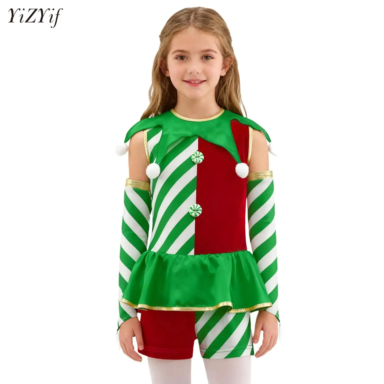 

Girls Christmas Candy Canes Elf Cosplay Costume Elf Princess Tutu Dress with Oversleeves Xmas New Year Party Santa Claus Clothes