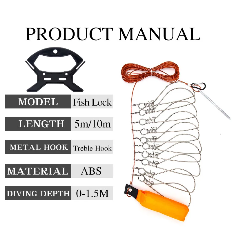 5M Fishing Lock Fish Buckle Tools Fishing Lock Buckle with Reel Stainless Steel Lanyard Fish Lock Belt Fishing Tackle Stringer