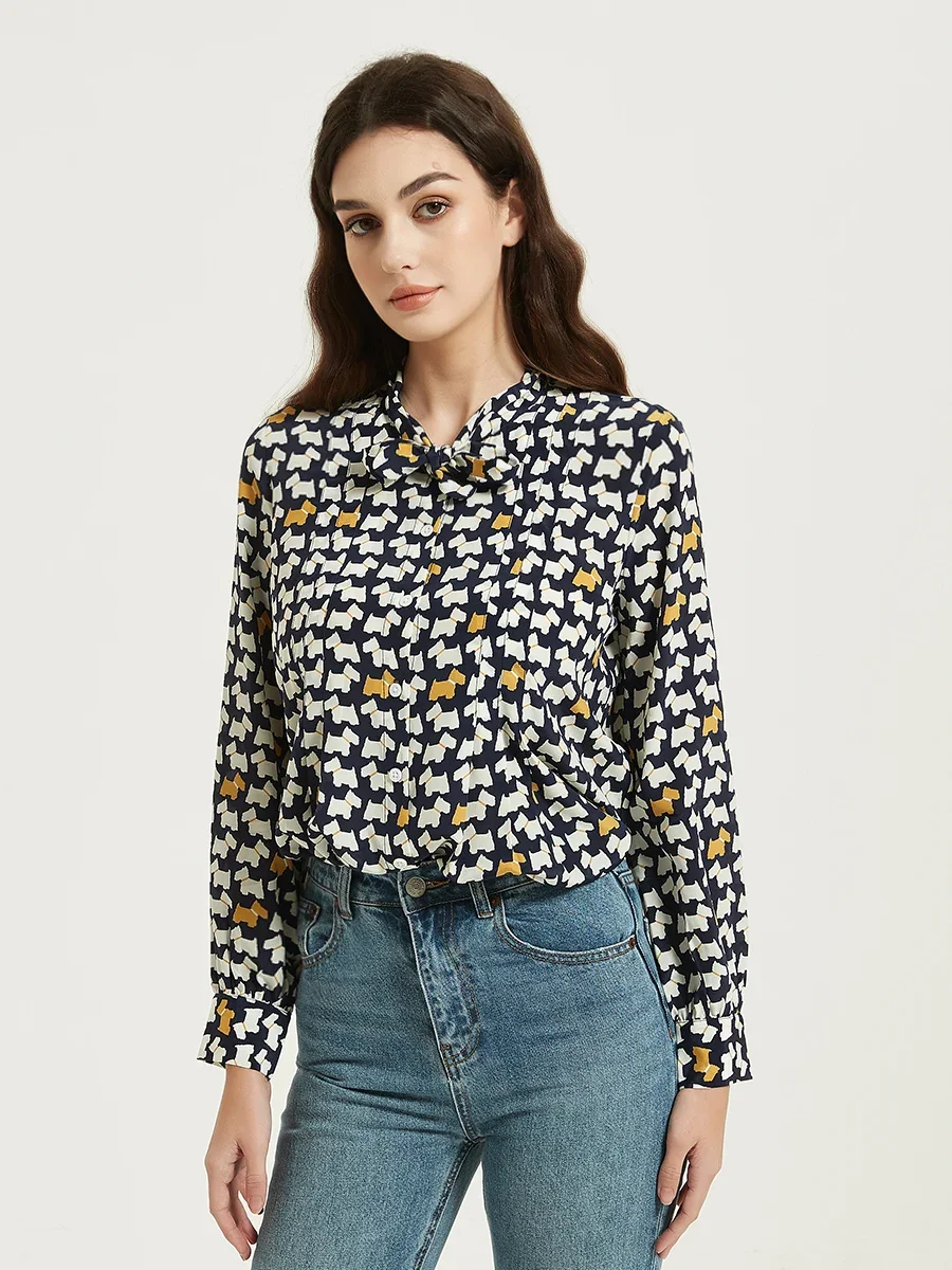 Woman Printed Shirts 100%Mulberry Silk Crepe De Chine Bow Collar Casual Blouses 2023 Spring Summer Top Navy