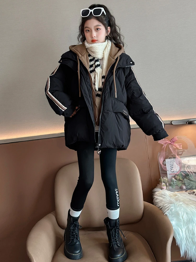 

Girls' Autumn Winter down Cotton Jaet 2025 New Sle Middle School Students' Wa-Free Outerwear Fake Two-Piece Trendy Cott...