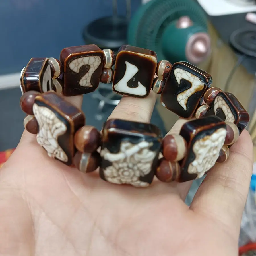 Vintage Tibetan Dzi Bead Mascot Bangle Old Agate Bracelets Lucky Totem Bless Amulet Energy