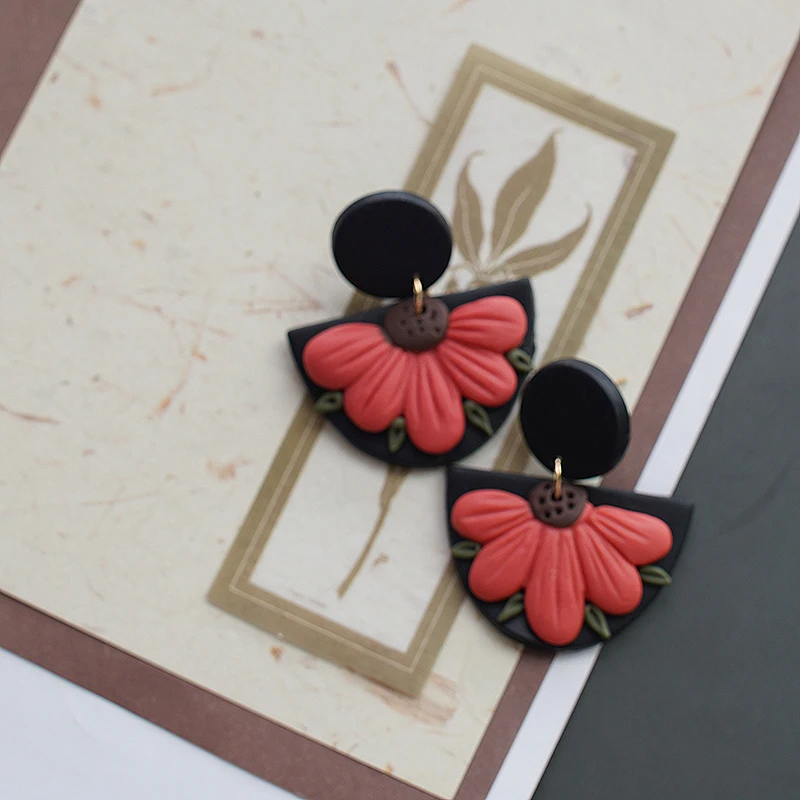 Spring Vintage Ethnic Polymer Clay Sector Half Flower Earrings Set Bright Multi Colors Handmade Dangle Jewelry for Party Wear