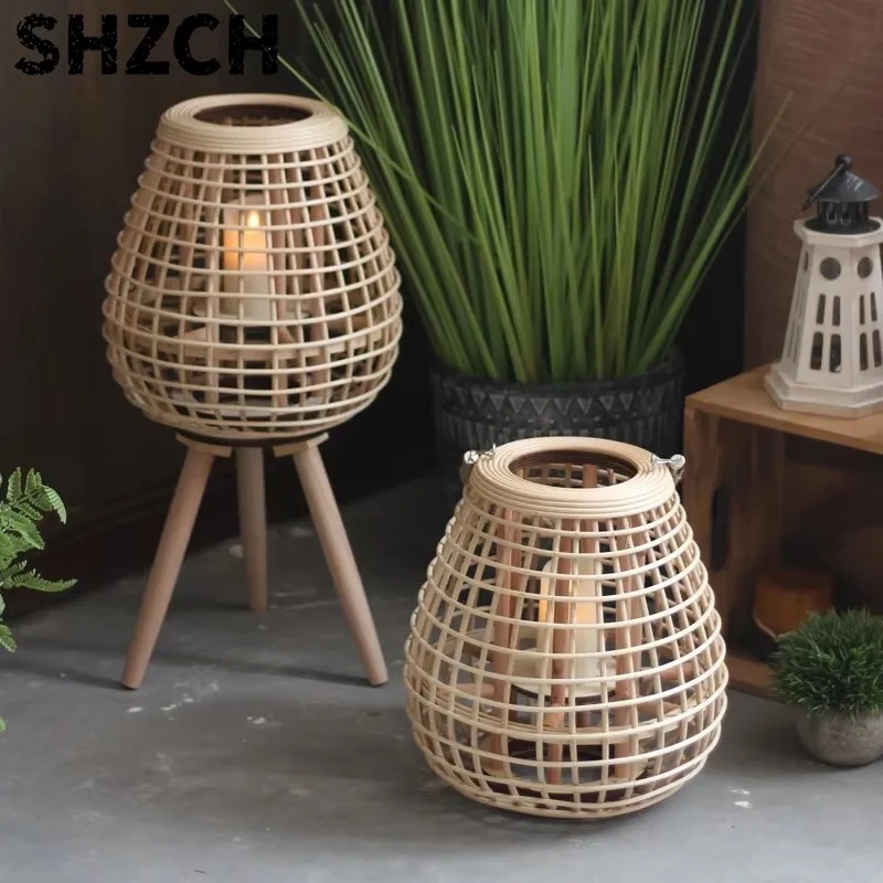 Rattan Floor Candle Lamp Holders Candelabra Patio Decorative Lantern Japanese Titular De La Vela Home Decoration candlestick