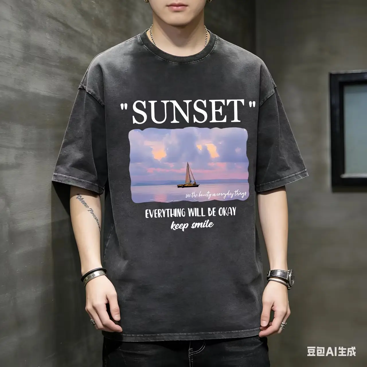 Punk Style Washed Black Sunset Printed Oversized Tshirts Women Clothes Short Sleeve 100% Cotton Casual Cool Tees Men Summer 2026